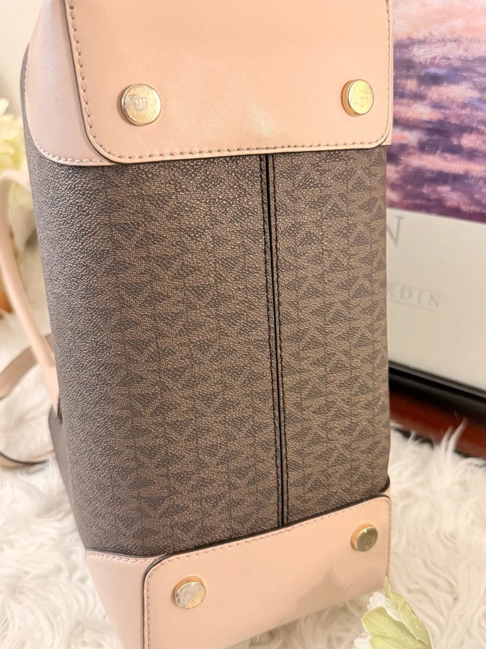 Michael Kors Brown & Pale Pink Logo Tote with Gold Hardware